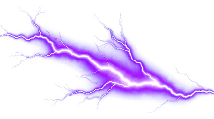 Obraz premium Purple lightning bolt with glow effect isolated on transparent background, electric shock illustration for energy and weather designs