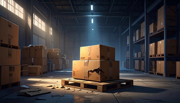 A dimly lit, industrial warehouse featuring a damaged cardboard box on a wooden pallet. A single overhead light casts a dramatic spotlight on the torn package amidst scattered debris and shadows.