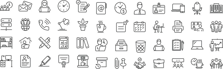 Fototapeta premium Office workspace set of web icons. Office and coworking icons for web and mobile app. Office, remote working, meeting, co-worker, workspace, desk, computer, business icons