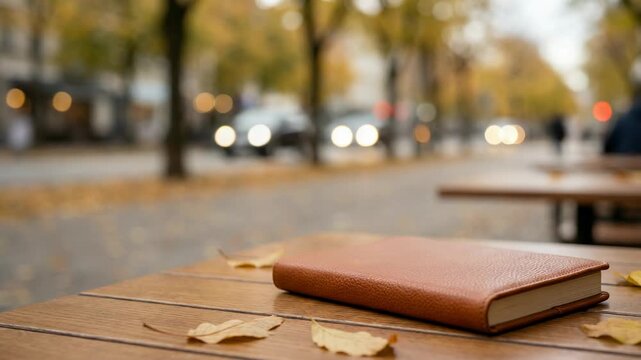 A brown notebook sits on a wooden table surrounded by fallen leaves. Blurred cars pass by on a city street with trees in autumn colors in the background