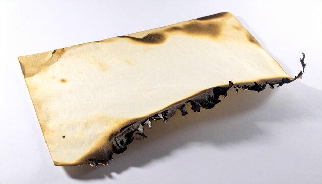 A single sheet of aged, yellowed parchment paper with charred, burnt edges lying flat on a white surface. The paper is wrinkled and brittle, featuring realistic scorch marks and singed corners.