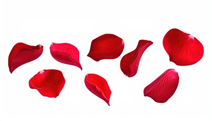 Fototapeta premium Scattered vibrant red rose petals against a bright white backdrop