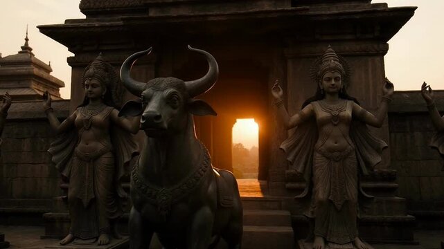 Ancient Stone Shiva Temple Entrance with Carvings  Nandi Statue  and Sunset Light  Heritage Architecture  Religious Cultural Site