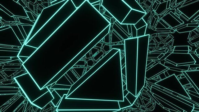 Abstract 3D animation of glowing neon blue geometric shapes and wireframes forming a complex, interconnected structure in a dark, futuristic digital space, representing technology and data.