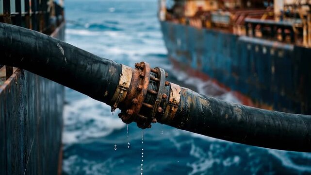 Industrial marine tanks with pipes connected to a large vessel. Water drips from the fittings, highlighting maritime operations and equipment maintenance