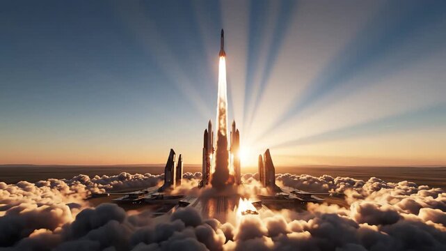 Epic missile attack launch sequence from a futuristic desert launchpad at sunrise, with powerful rockets ascending through dramatic clouds and sun rays, symbolizing technological advancement