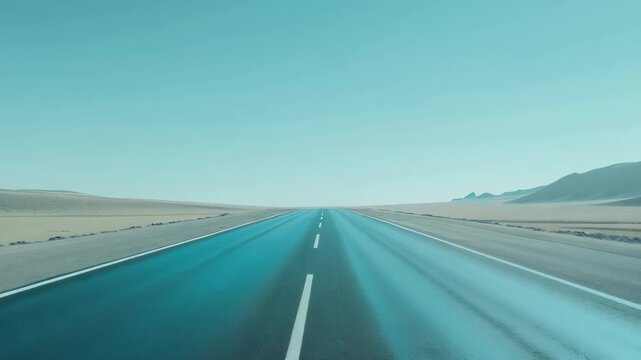 Straight empty road stretching into distance in barren landscape with clear blue skies