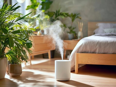 明るい光が差し込む清潔感のある寝室に置かれた白いおしゃれな超音波式加湿器の室内風景