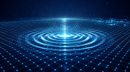 Fototapeta premium Abstract Digital Network with Glowing Light Ripples and Futuristic Grid Surface