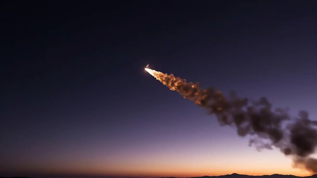 Powerful ballistic missile launch at twilight, leaving a bright fiery trail against a dramatic purple and orange sky, symbolizing military power, defense, and strategic operations during a missile