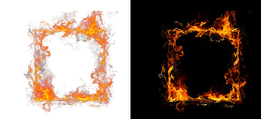 A fiery square frame with burning flames on isolated transparent background © Ontime Rahela