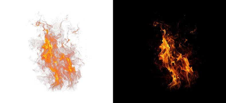 Vertical fire stream with sparks on transparent and black backgrounds