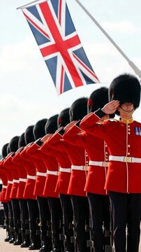 Male British Royal Guards in red tunics and bearskin hats saluting under a national flag