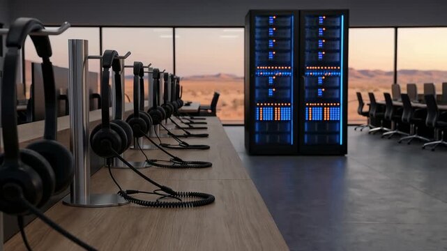 A modern office setup featuring several computer workstations with headsets. In the background, a data center with servers is visible, creating a tech-driven atmosphere