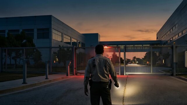 A security guard stands at the entrance of an automated facility marked by bright lights. The setting showcases the transition from day to night with a prominently displayed sign