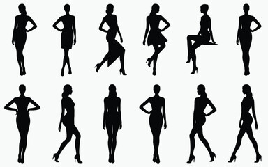 Fototapeta premium Set of black silhouettes of women in various poses high heels confident and elegant isolated on white background graphic resource for design