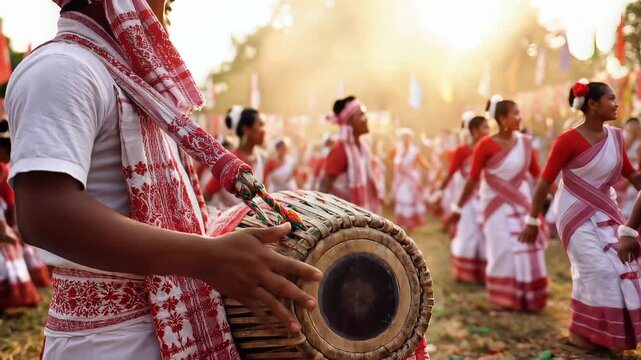 Traditional Assamese dancers celebrating the bihu festival at sunset