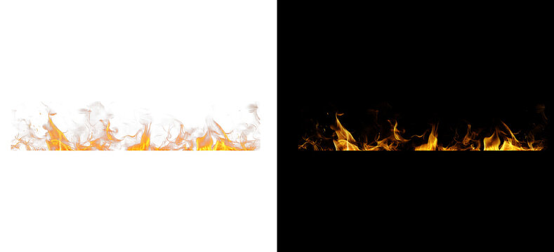 Intense horizontal fire isolated on transparent and black background for designs