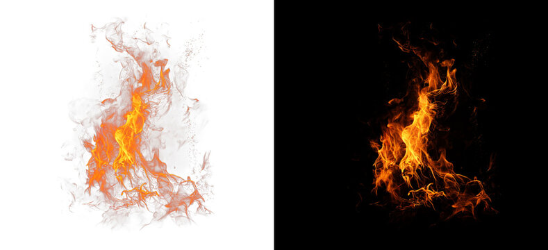 Vibrant fire flame silhouette on transparent background and black set