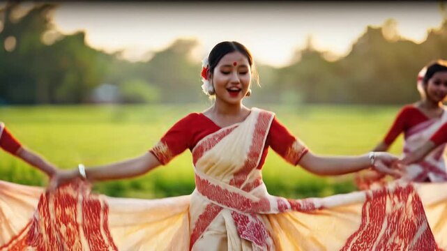 Young women performing traditional bihu dance in a rural sunset field