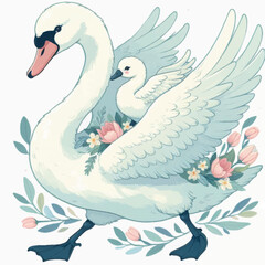 Obraz premium Mother Swan and Cygnet Illustration with Pastel Flowers. Whimsical Watercolor Style Art.