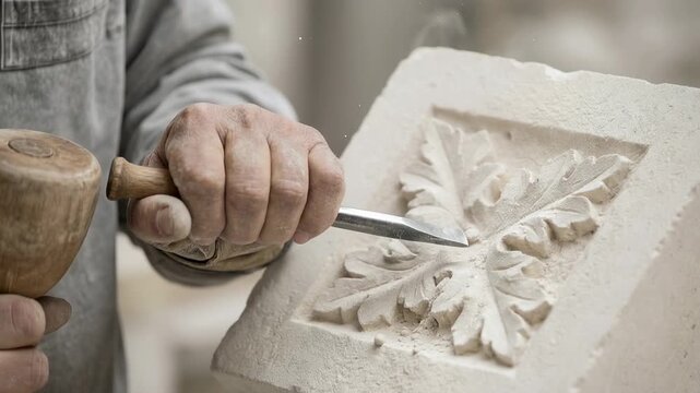 Craftsman shapes stone with precision tools, creating an intricate leaf design. This process showcases skilled craftsmanship and traditional sculpting methods