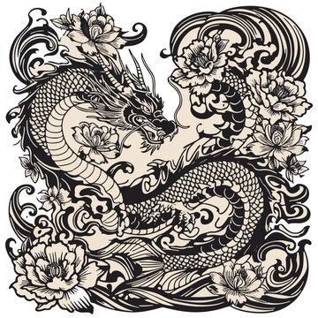 Intricate dragon illustration with flowers and waves in detailed black and white line art.