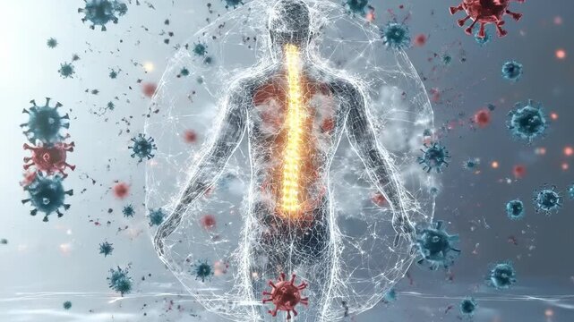Human body's immune system fighting viral infection, microscopic view, cellular defense, internal energy barrier, biological protection, body's resilience against disease
