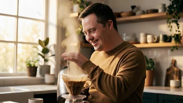 A man prepares coffee by pouring hot water into a coffee filter in a modern kitchen setting. The scene features bright natural light and plants on display