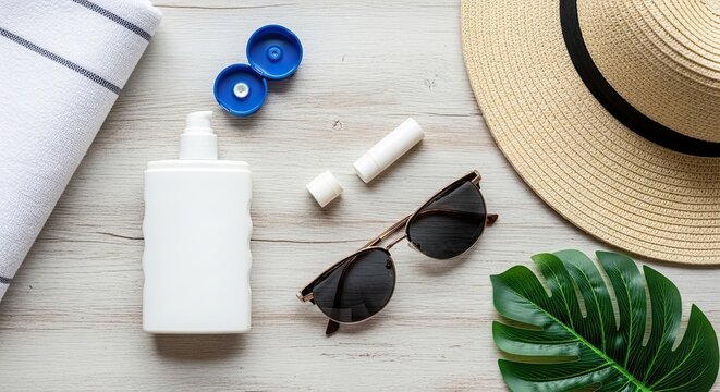 Sunscreen bottle chapstick sunglasses and straw hat arranged on light wooden surface with tropical leaf for summer vacation