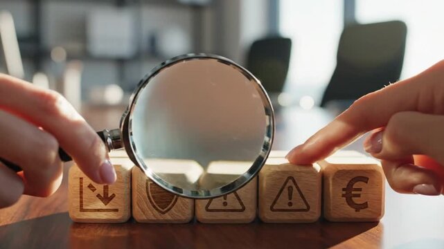 Business risk evaluation concept with magnifying glass analyzing financial warning symbols and currency blocks for strategic decision making
