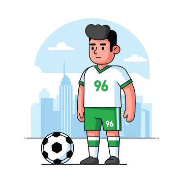 Young soccer player number 96 standing with ball in city skyline background illustration
