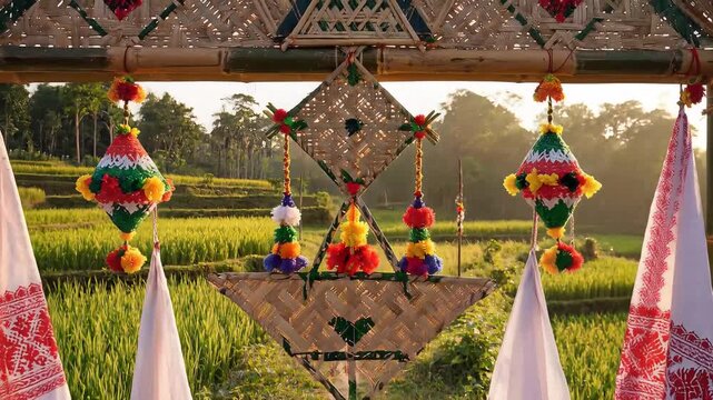 Traditional Assamese bihu festival bamboo gate in lush green paddy fields