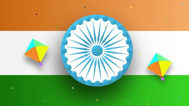 Vibrant Indian flag colors with a Dharma Chakra wheel and colorful kites, celebrating India's Independence Day and cultural heritage.