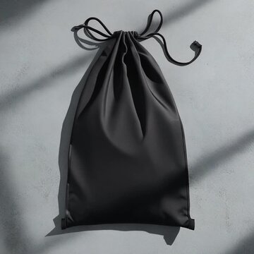 Nylon Drawstring Bag. Soccer/Football Merchandise Mockup (No Brand, No Logo). Product Mockup. A simple black nylon drawstring bag lying flat on a minimalist concrete surface
