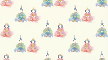 パステル着物の淡い水彩ひな人形シームレスパターン