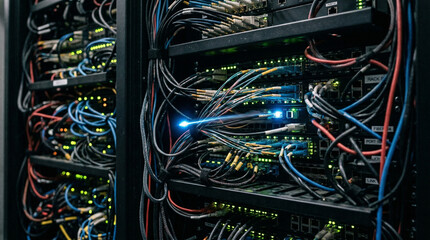 Intense blue light shines through tangled network cables connecting active server rack hardware