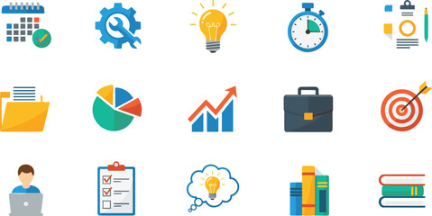 Fototapeta premium Business Productivity Icons Set with Calendar Growth Chart Briefcase Target and Idea