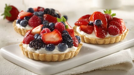 Two golden fruit tarts filled with cream and topped with fresh mixed berries, ready to enjoy