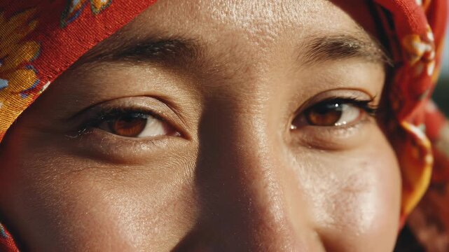Close-up of young woman eyes, face closeup, joyful girl. Traditional red patterned headscarf, orange yellow, and white floral accents. Beautiful female face, deep gaze concept.