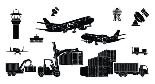 Airport infrastructure and aircraft depicted in a striking black silhouette