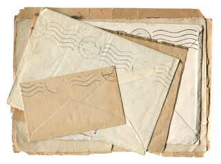 Stack of vintage paper envelopes and old letters with postal marks on white © macondos
