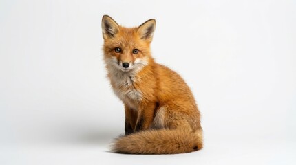Fototapeta premium red fox sits on white background looking directly at the camera
