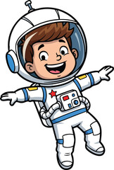 Obraz premium Happy Cartoon Boy Astronaut Floating in Space Wearing a White Spacesuit.