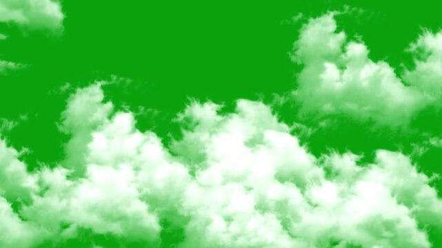 Bottom view of dramatic white clouds moving across a bright green screen, ideal for visual effects and sky replacement.