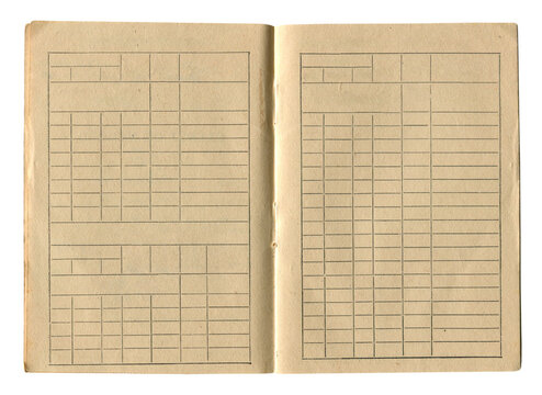 Open vintage accounting ledger with blank ruled pages on white