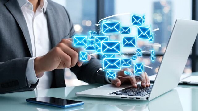 Businessman interacting with email icons on laptop in office