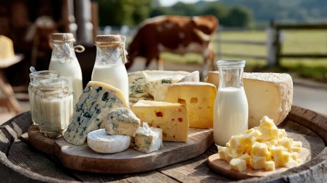 Assortment of fresh dairy products, including various cheeses and milk, presented on a rustic wooden surface with a cow grazing in the background. Natural country scene showcasing farm-fresh goodness.