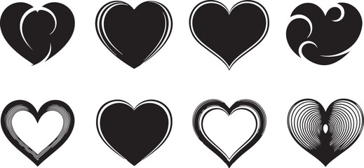 A collection of eight unique heart designs in black and white isolated on transparent background, Vector