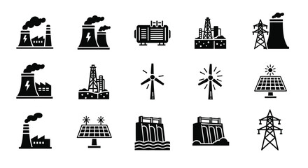 Industrial energy sources and power generation icons in black silhouette © Rita